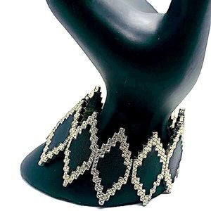 Faux Black Leather Stretch Silver Tone Bracelet